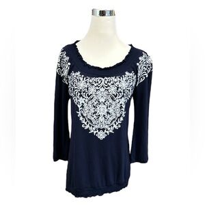 INC International Concepts Medium  Navy Sequins Embroidery Floral Top 3/4 Sleeve
